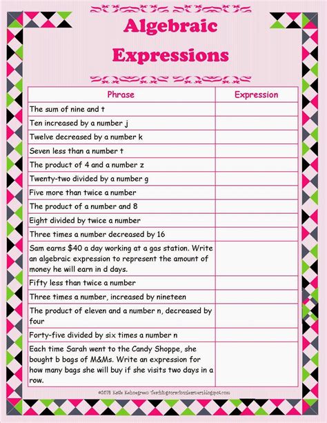writing algebraic expressions worksheet free